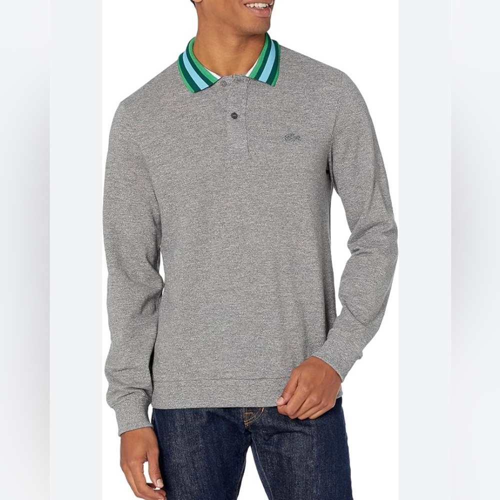 Men’s Lacoste Regular Fit Long Sleeve Cotton Piqué Polo Grey Size XL